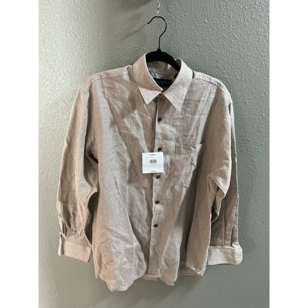 Brandini Linen Button Down Shirt Mens Medium Beige NWT Classic Casual